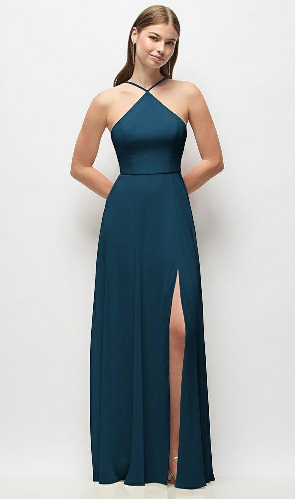 Front View - Atlantic Blue High-Neck Halter Chiffon Maxi Dress with Adjustable Spaghetti Straps