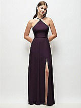 Front View Thumbnail - Aubergine High-Neck Halter Chiffon Maxi Dress with Adjustable Spaghetti Straps