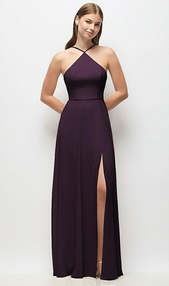 Front View - Aubergine High-Neck Halter Chiffon Maxi Dress with Adjustable Spaghetti Straps