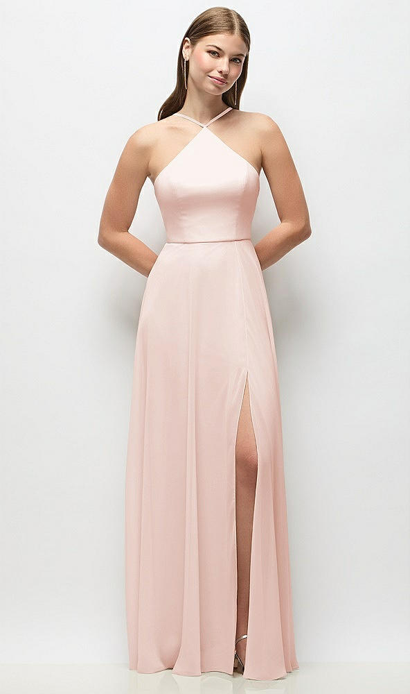 Front View - Blush High-Neck Halter Chiffon Maxi Dress with Adjustable Spaghetti Straps