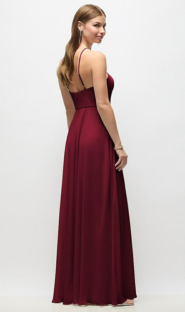 Back View - Burgundy High-Neck Halter Chiffon Maxi Dress with Adjustable Spaghetti Straps