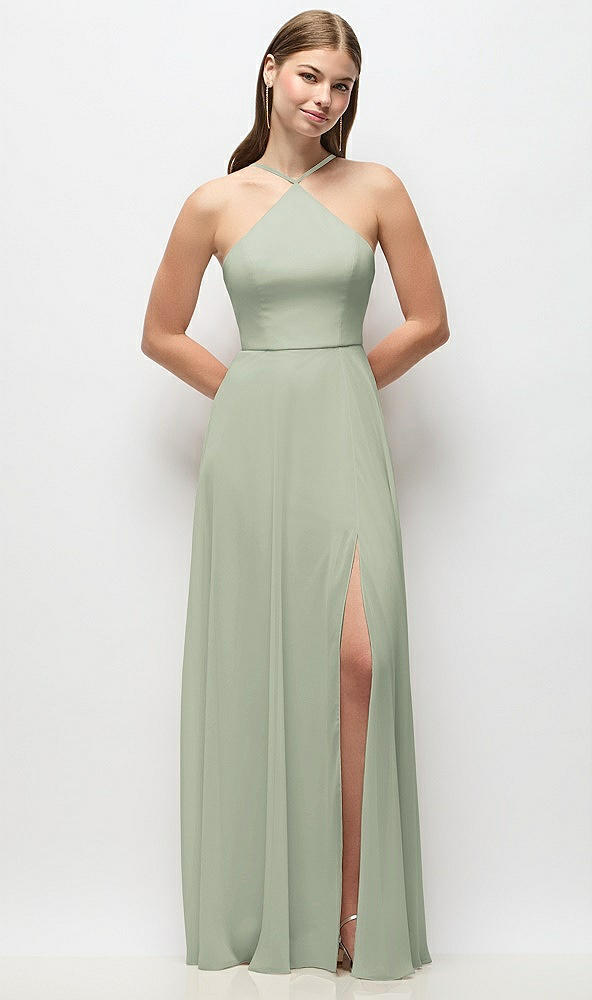 Front View - Celadon High-Neck Halter Chiffon Maxi Dress with Adjustable Spaghetti Straps