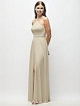 Side View Thumbnail - Champagne High-Neck Halter Chiffon Maxi Dress with Adjustable Spaghetti Straps