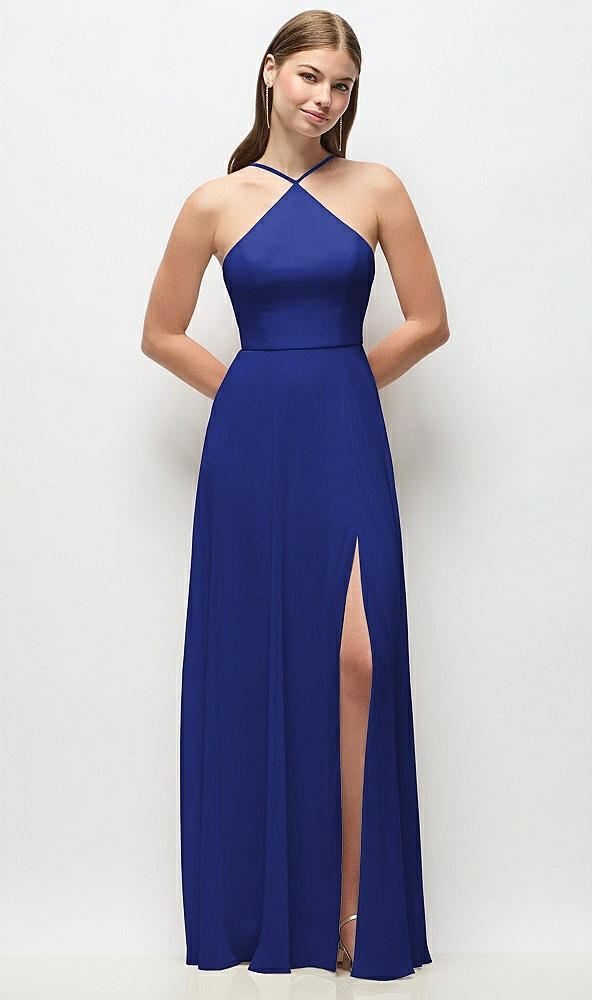 Front View - Cobalt Blue High-Neck Halter Chiffon Maxi Dress with Adjustable Spaghetti Straps