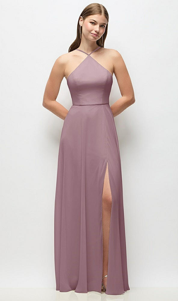 Front View - Dusty Rose High-Neck Halter Chiffon Maxi Dress with Adjustable Spaghetti Straps