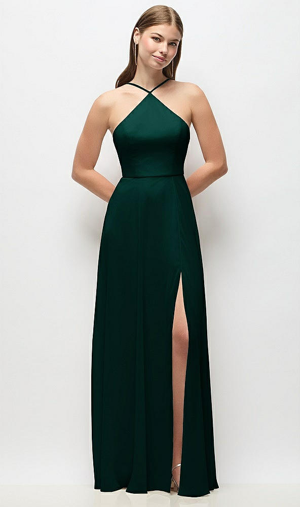 Front View - Evergreen High-Neck Halter Chiffon Maxi Dress with Adjustable Spaghetti Straps