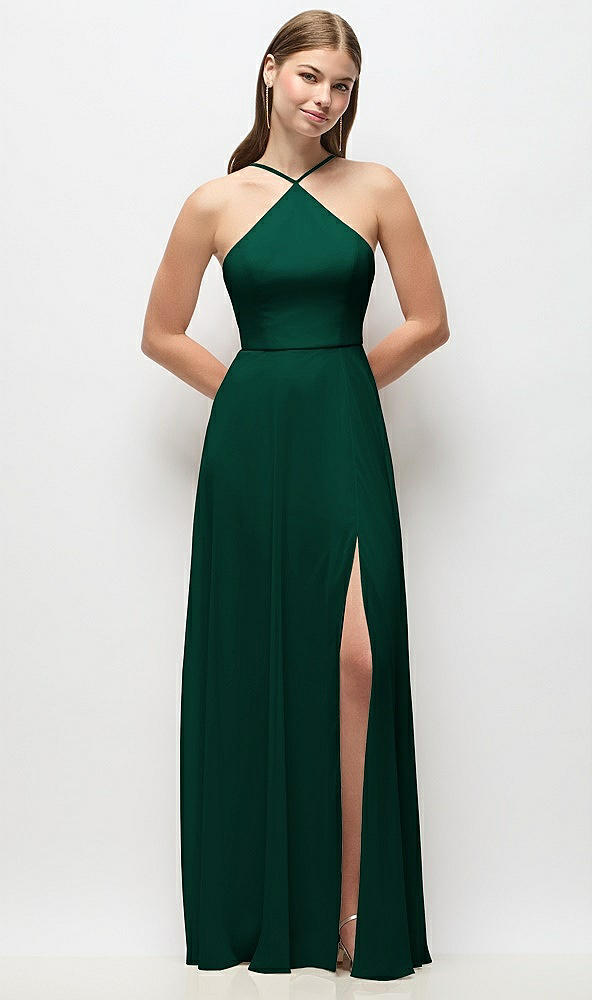 Front View - Hunter Green High-Neck Halter Chiffon Maxi Dress with Adjustable Spaghetti Straps