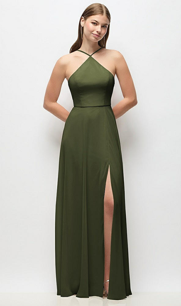 Front View - Olive Green High-Neck Halter Chiffon Maxi Dress with Adjustable Spaghetti Straps