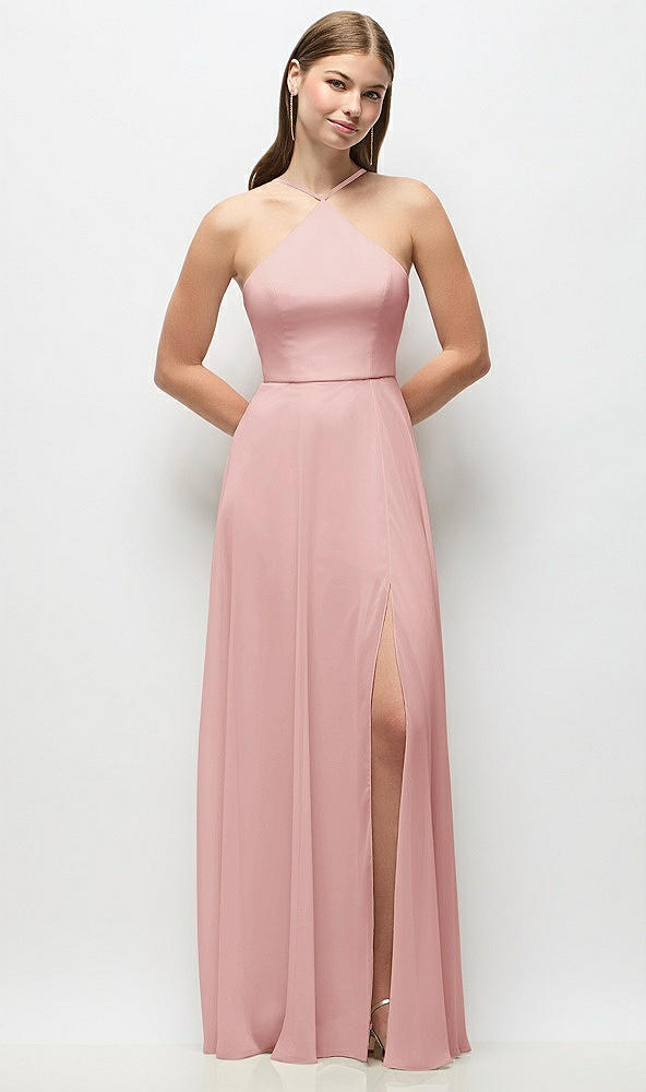 Front View - Rose High-Neck Halter Chiffon Maxi Dress with Adjustable Spaghetti Straps