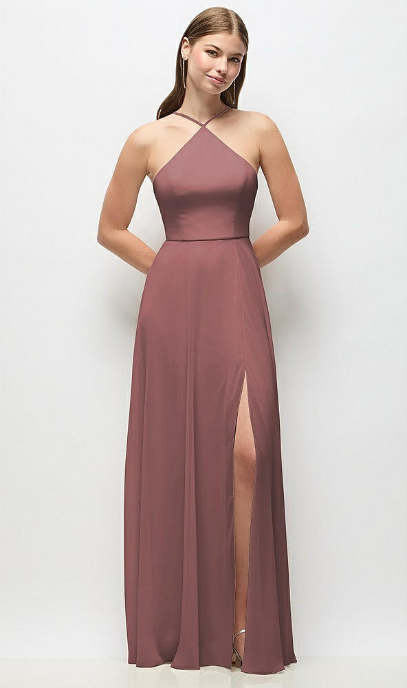 Front View - Rosewood High-Neck Halter Chiffon Maxi Dress with Adjustable Spaghetti Straps
