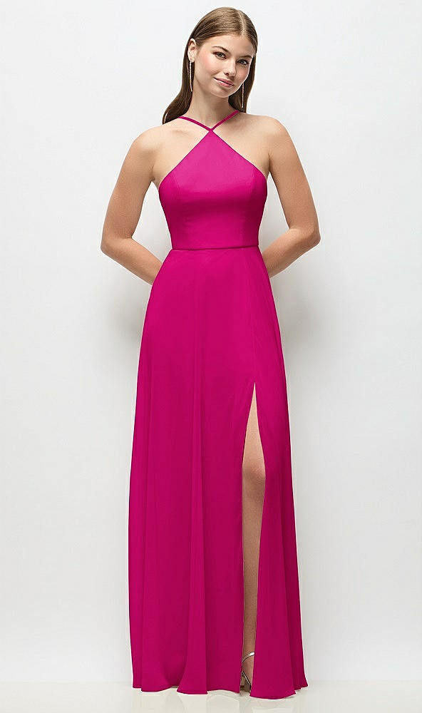 Front View - Think Pink High-Neck Halter Chiffon Maxi Dress with Adjustable Spaghetti Straps