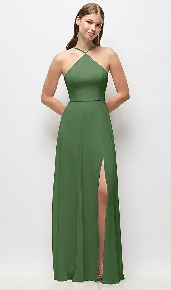 Front View - Vineyard Green High-Neck Halter Chiffon Maxi Dress with Adjustable Spaghetti Straps