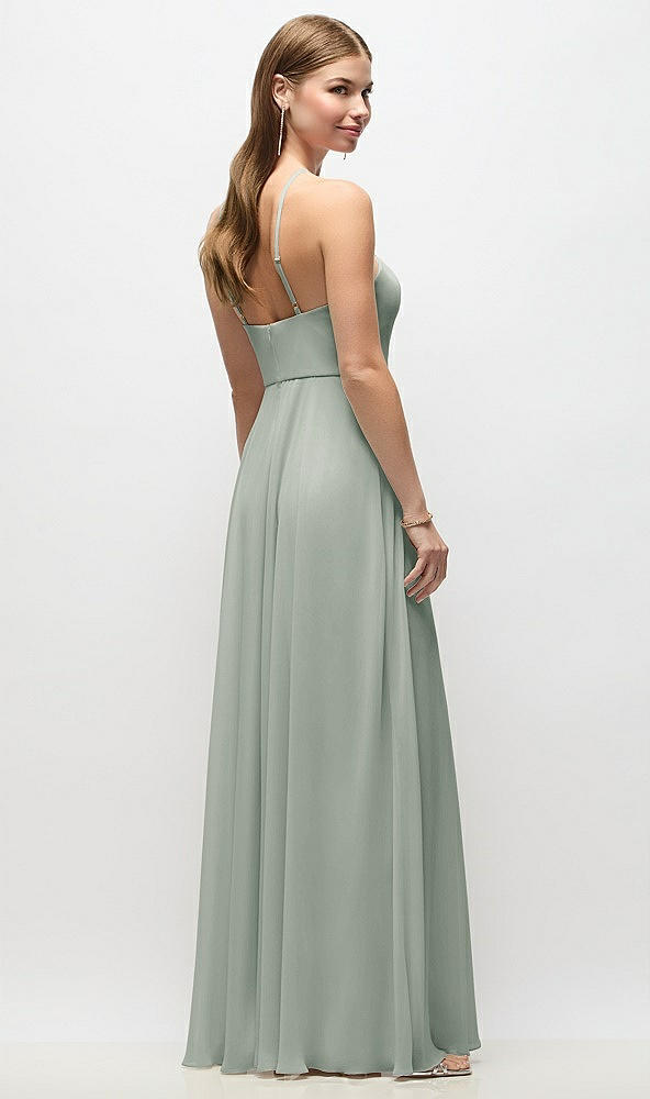Back View - Willow Green High-Neck Halter Chiffon Maxi Dress with Adjustable Spaghetti Straps