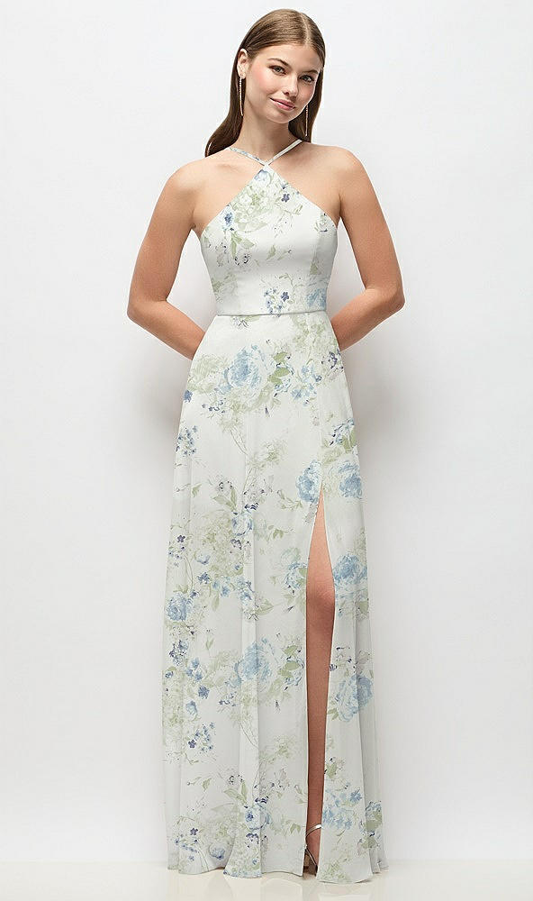 Front View - Bleu Garden High-Neck Halter Floral Chiffon Maxi Dress with Adjustable Spaghetti Straps