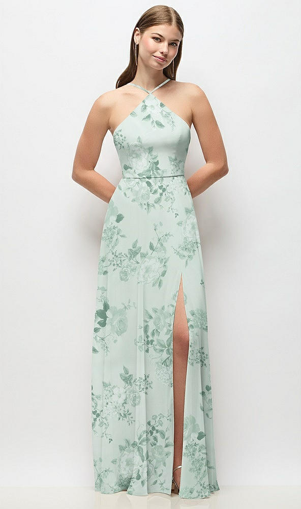 Front View - Mint Green Floral High-Neck Halter Floral Chiffon Maxi Dress with Adjustable Spaghetti Straps