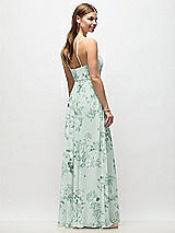 Rear View Thumbnail - Mint Green Floral High-Neck Halter Floral Chiffon Maxi Dress with Adjustable Spaghetti Straps
