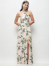 Front View Thumbnail - Palm Beach Print High-Neck Halter Floral Chiffon Maxi Dress with Adjustable Spaghetti Straps