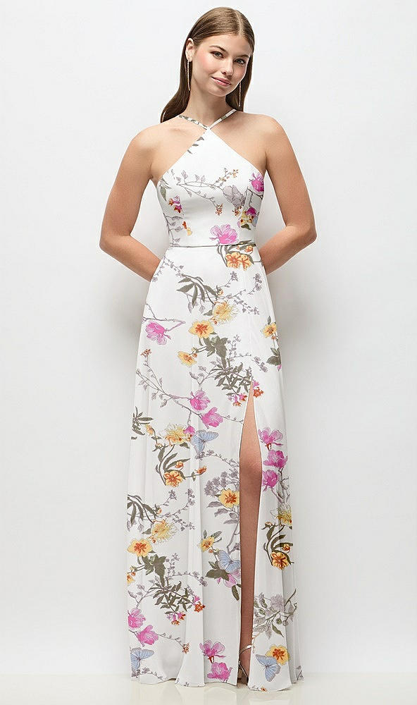 Front View - Butterfly Botanica Ivory High-Neck Halter Floral Chiffon Maxi Dress with Adjustable Spaghetti Straps