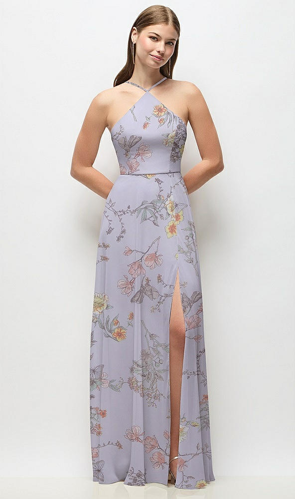 Front View - Butterfly Botanica Silver Dove High-Neck Halter Floral Chiffon Maxi Dress with Adjustable Spaghetti Straps