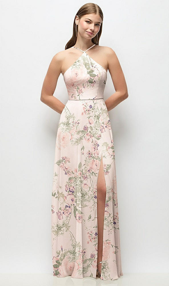 Front View - Blush Garden High-Neck Halter Floral Chiffon Maxi Dress with Adjustable Spaghetti Straps
