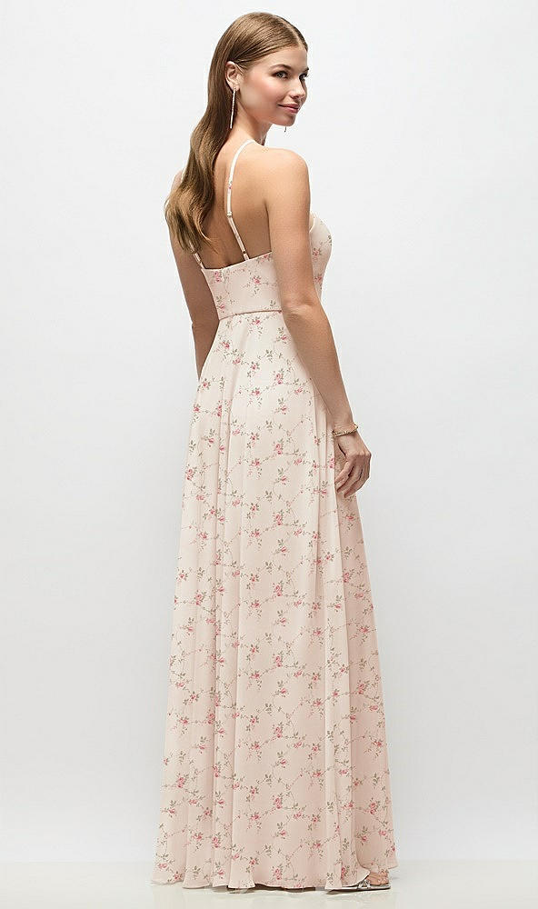 Back View - Coquette Floral Print High-Neck Halter Floral Chiffon Maxi Dress with Adjustable Spaghetti Straps
