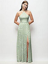 Front View Thumbnail - Vintage Primrose Sage High-Neck Halter Floral Chiffon Maxi Dress with Adjustable Spaghetti Straps