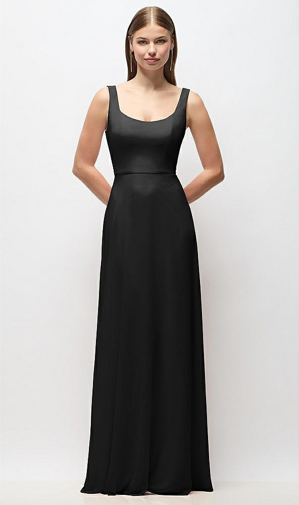 Front View - Black Scoop Neck Tank Strap Chiffon Maxi Dress