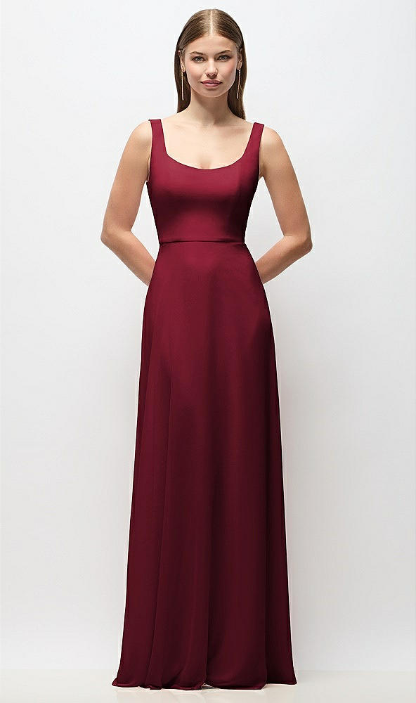 Front View - Burgundy Scoop Neck Tank Strap Chiffon Maxi Dress