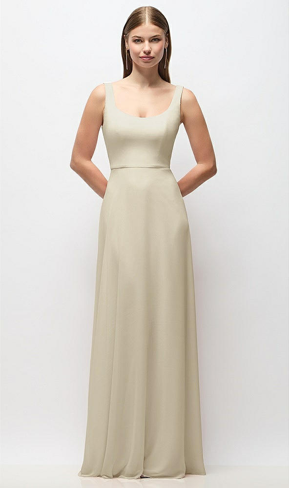 Front View - Champagne Scoop Neck Tank Strap Chiffon Maxi Dress