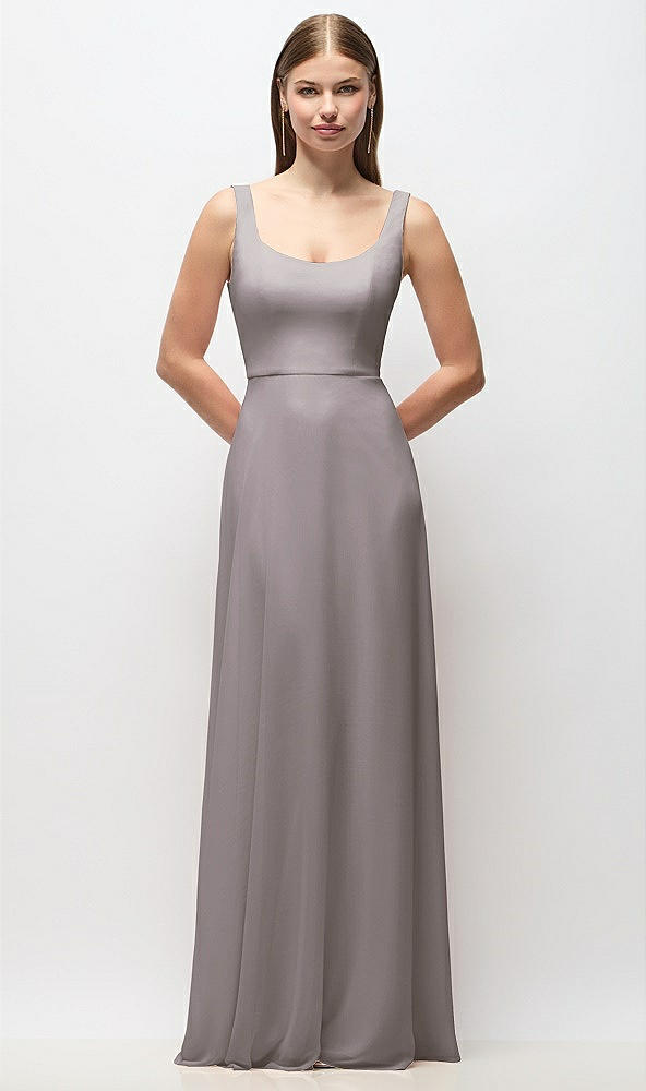 Front View - Cashmere Gray Scoop Neck Tank Strap Chiffon Maxi Dress
