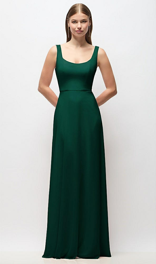 Front View - Hunter Green Scoop Neck Tank Strap Chiffon Maxi Dress