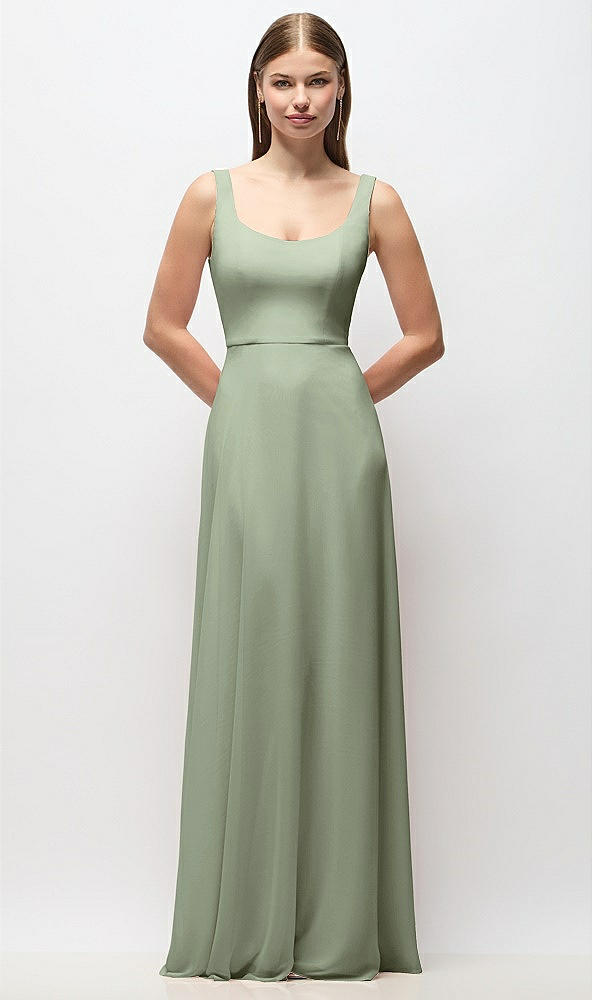 Front View - Sage Scoop Neck Tank Strap Chiffon Maxi Dress