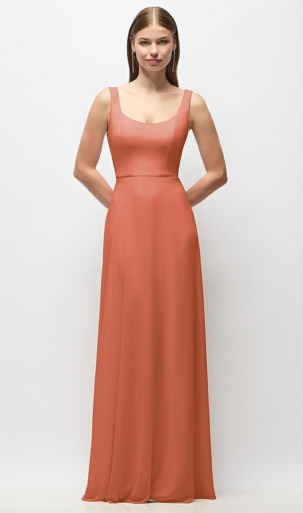Front View - Terracotta Copper Scoop Neck Tank Strap Chiffon Maxi Dress