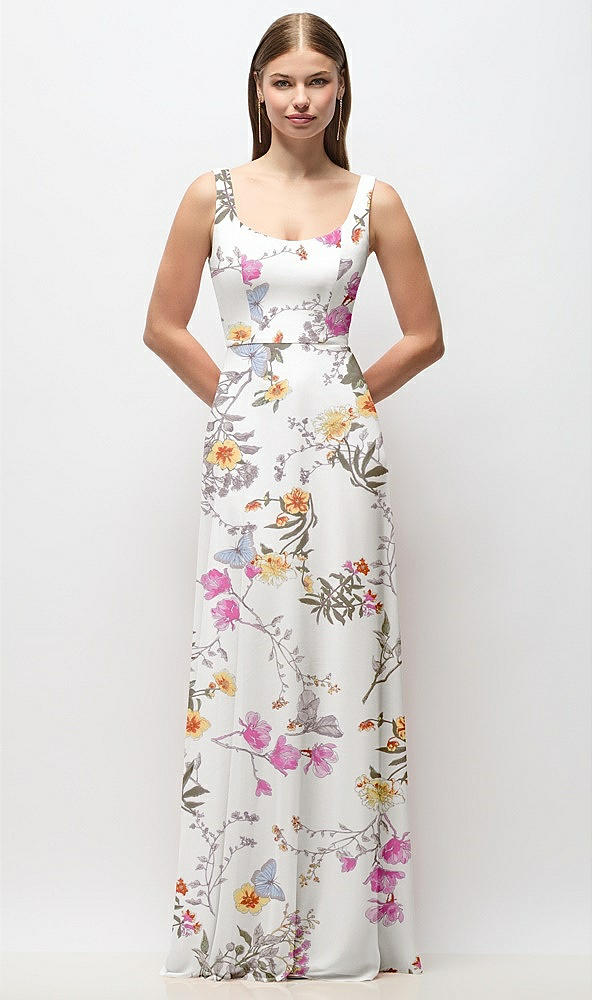 Front View - Butterfly Botanica Ivory Scoop Neck Tank Strap Floral Chiffon Maxi Dress