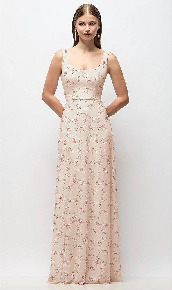 Front View - Coquette Floral Print Scoop Neck Tank Strap Floral Chiffon Maxi Dress