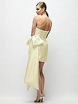 Rear View Thumbnail - Butter Yellow Strapless Pleated Draped Satin Mini Dress with Dramatic Long Tail Bow & Covered Buttons
