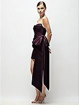 Side View Thumbnail - Deep Plum Strapless Pleated Draped Satin Mini Dress with Dramatic Long Tail Bow & Covered Buttons