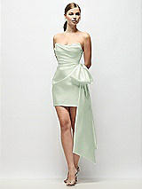 Front View Thumbnail - Mint Green Strapless Pleated Draped Satin Mini Dress with Dramatic Long Tail Bow & Covered Buttons