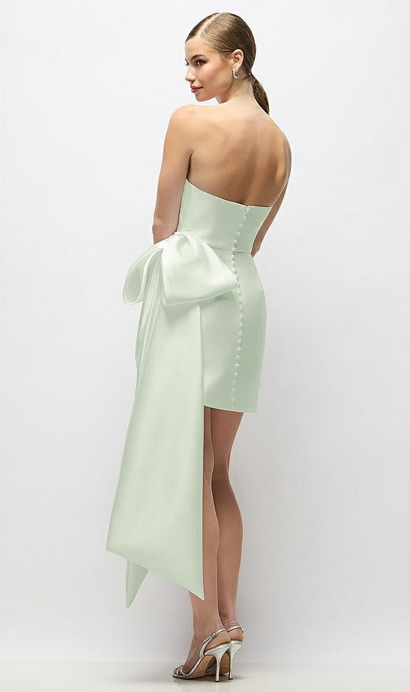 Back View - Mint Green Strapless Pleated Draped Satin Mini Dress with Dramatic Long Tail Bow & Covered Buttons