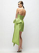 Rear View Thumbnail - Mojito Strapless Pleated Draped Satin Mini Dress with Dramatic Long Tail Bow & Covered Buttons
