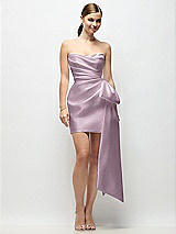 Alt View 1 Thumbnail - Suede Rose Strapless Pleated Draped Satin Mini Dress with Dramatic Long Tail Bow & Covered Buttons