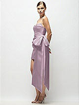 Side View Thumbnail - Suede Rose Strapless Pleated Draped Satin Mini Dress with Dramatic Long Tail Bow & Covered Buttons