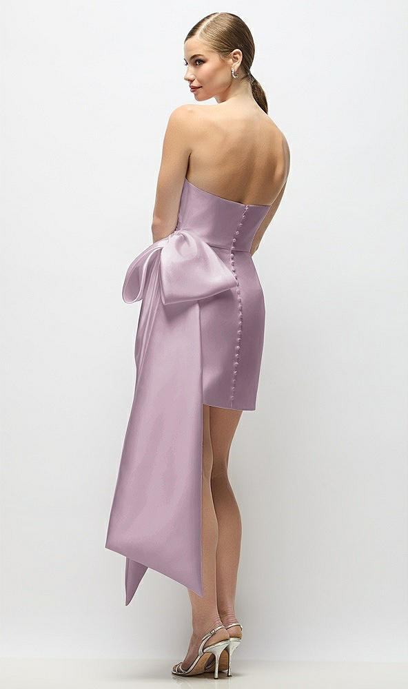Back View - Suede Rose Strapless Pleated Draped Satin Mini Dress with Dramatic Long Tail Bow & Covered Buttons