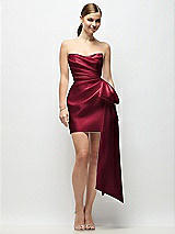 Alt View 1 Thumbnail - Burgundy Strapless Pleated Draped Satin Mini Dress with Dramatic Long Tail Bow & Covered Buttons