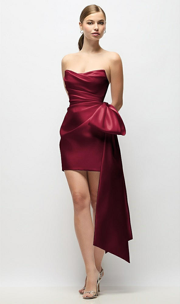 Front View - Burgundy Strapless Pleated Draped Satin Mini Dress with Dramatic Long Tail Bow & Covered Buttons