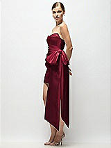 Side View Thumbnail - Burgundy Strapless Pleated Draped Satin Mini Dress with Dramatic Long Tail Bow & Covered Buttons