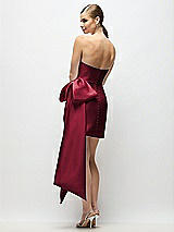 Rear View Thumbnail - Burgundy Strapless Pleated Draped Satin Mini Dress with Dramatic Long Tail Bow & Covered Buttons