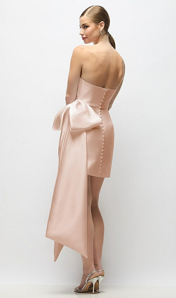 Back View - Cameo Strapless Pleated Draped Satin Mini Dress with Dramatic Long Tail Bow & Covered Buttons