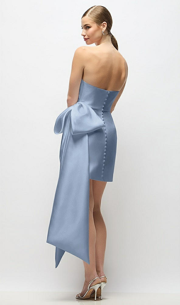 Back View - Cloudy Strapless Pleated Draped Satin Mini Dress with Dramatic Long Tail Bow & Covered Buttons