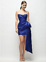 Alt View 1 Thumbnail - Cobalt Blue Strapless Pleated Draped Satin Mini Dress with Dramatic Long Tail Bow & Covered Buttons